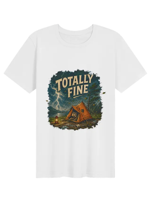 Totally Fine funny camping t-shirt in white with a startled raccoon in a torn tent during a lightning storm, by LOLsies