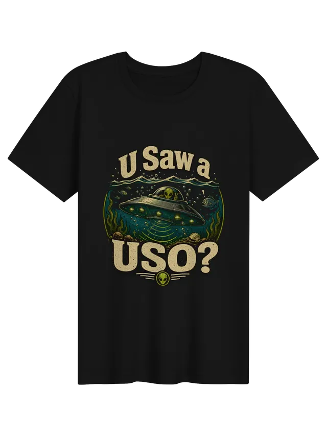 U Saw A USO? tee in black with a flying saucer underwater among fish, bubbles, and kelp, by LOLsies