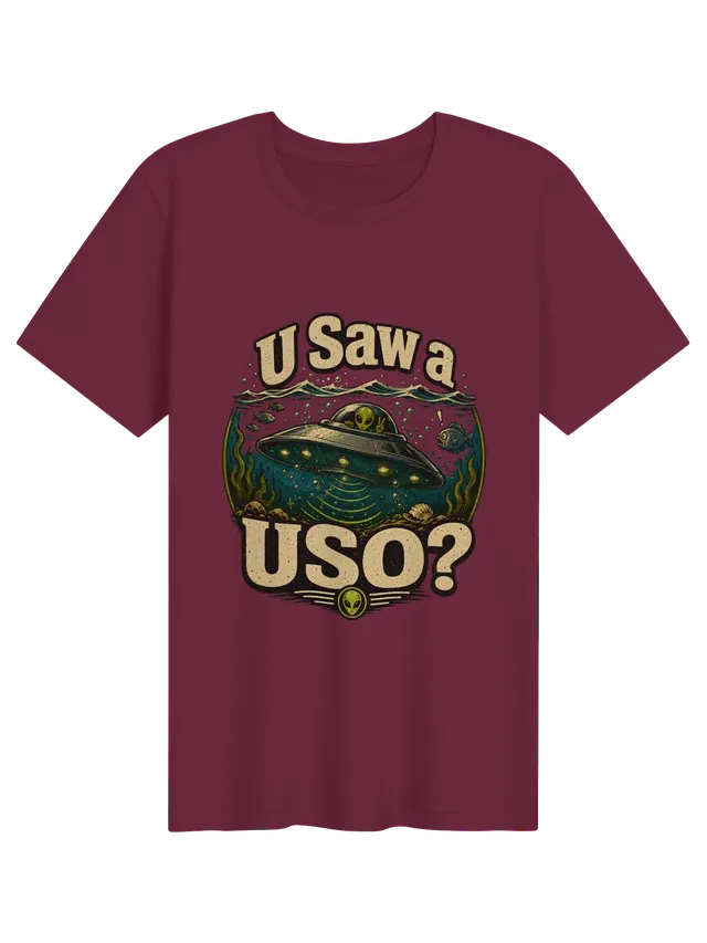 U Saw A USO? tee in black with a flying saucer underwater among fish, bubbles, and kelp, by LOLsies