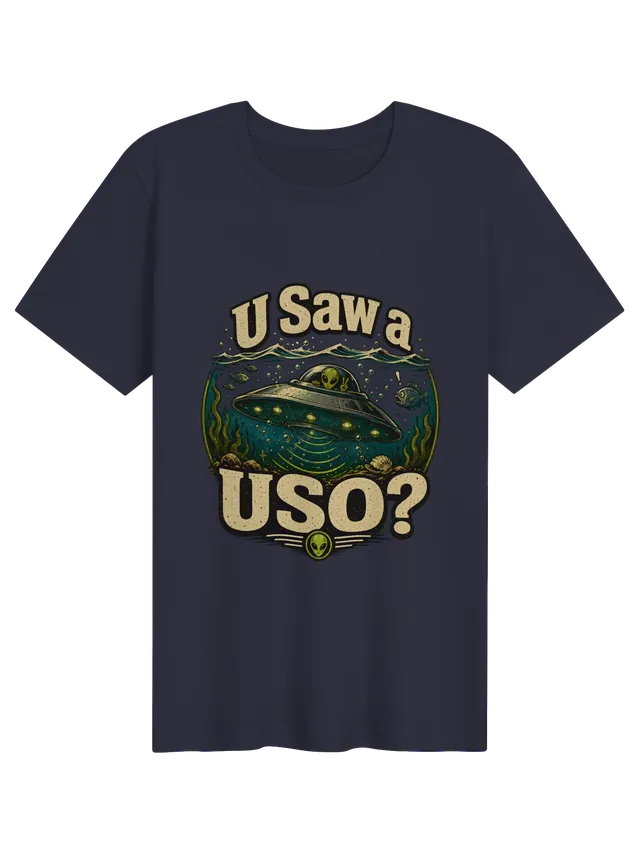 U Saw A USO? tee in black with a flying saucer underwater among fish, bubbles, and kelp, by LOLsies