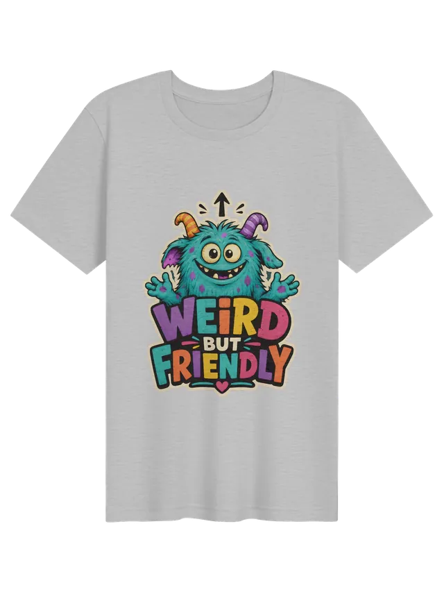 Weird But Friendly t-shirt in black with a fuzzy teal monster waving under an up arrow, by LOLsies