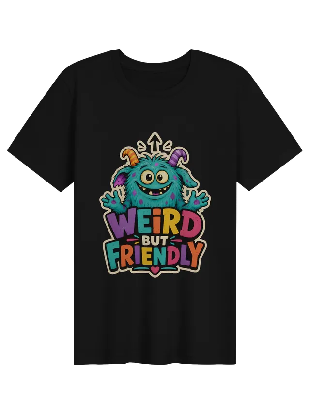 Weird But Friendly t-shirt in black with a fuzzy teal monster waving under an up arrow, by LOLsies