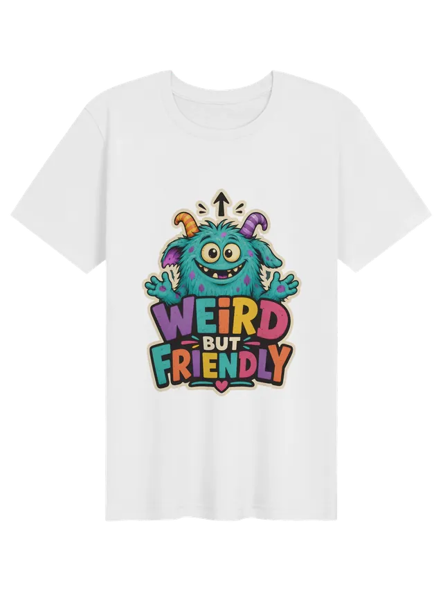 Weird But Friendly t-shirt in black with a fuzzy teal monster waving under an up arrow, by LOLsies
