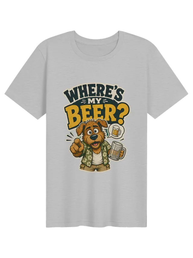 Where's My Beer? t-shirt in black with a shaggy dog in a floral shirt pointing and holding a beer, by LOLsies
