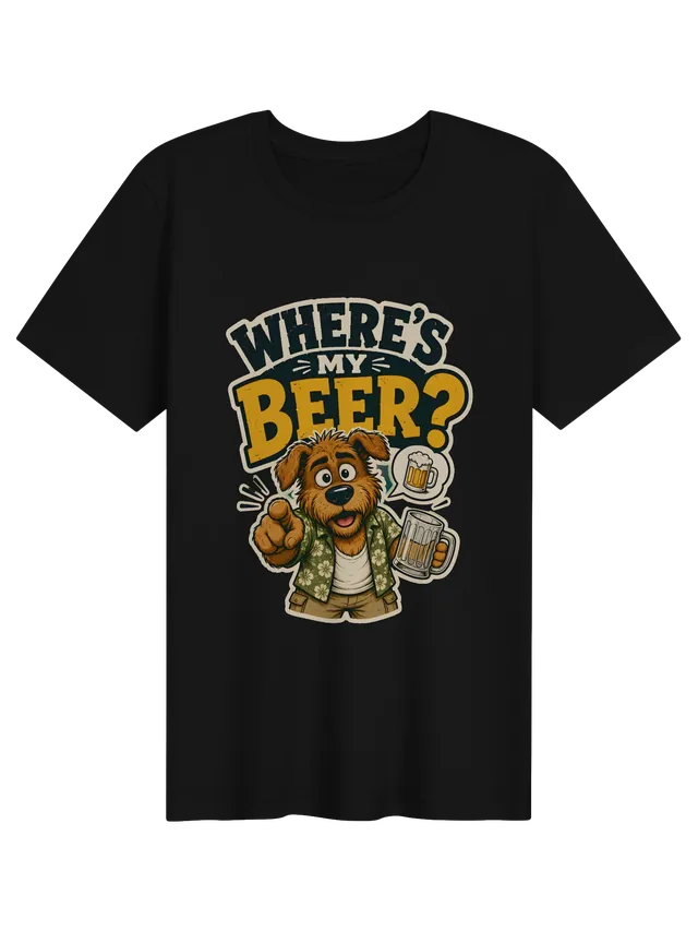 Where's My Beer? t-shirt in black with a shaggy dog in a floral shirt pointing and holding a beer, by LOLsies