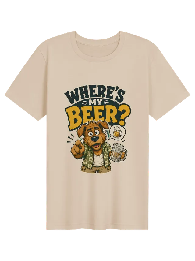 Where's My Beer? t-shirt in black with a shaggy dog in a floral shirt pointing and holding a beer, by LOLsies