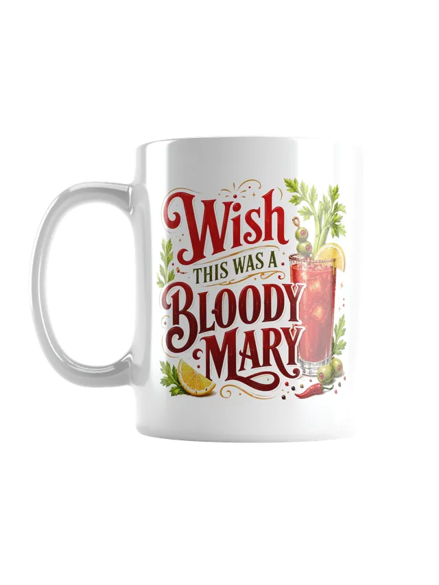 Wish This Was a Bloody Mary funny mug with a red cocktail, celery, olives and lemon design, by LOLsies