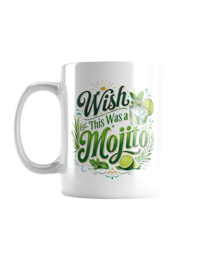 Wish This Was a Mojito funny mug with a green mint, lime and iced cocktail design, by LOLsies