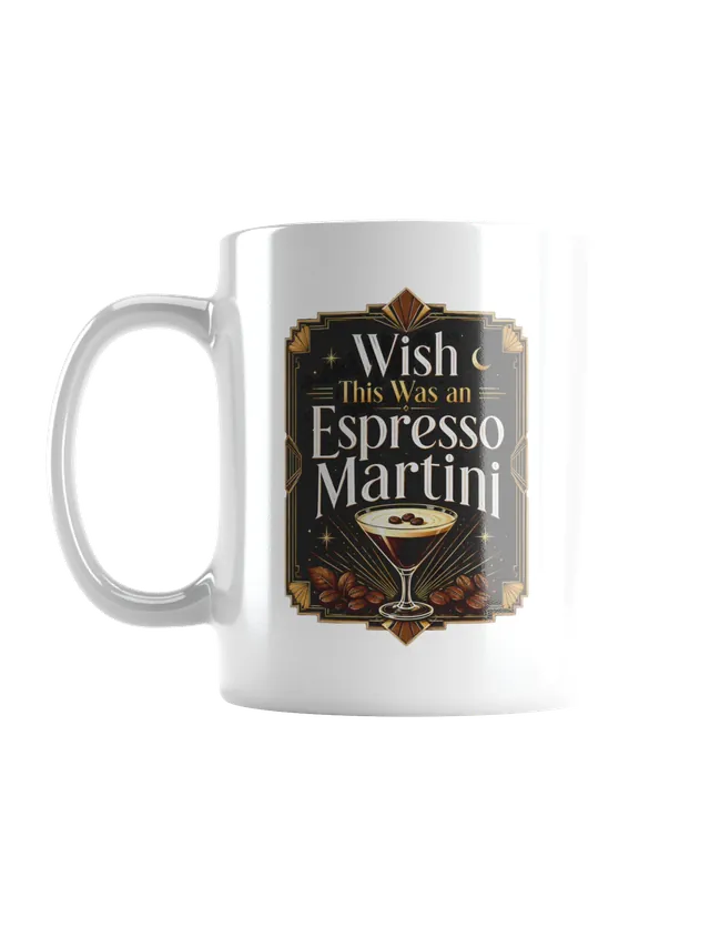 Wish This Was an Espresso Martini funny mug with an Art Deco black and gold coffee cocktail design, by LOLsies