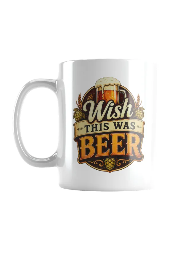Wish This Was Beer vintage badge mug with a dark wood pub-sign design, foaming stein and hops, by LOLsies