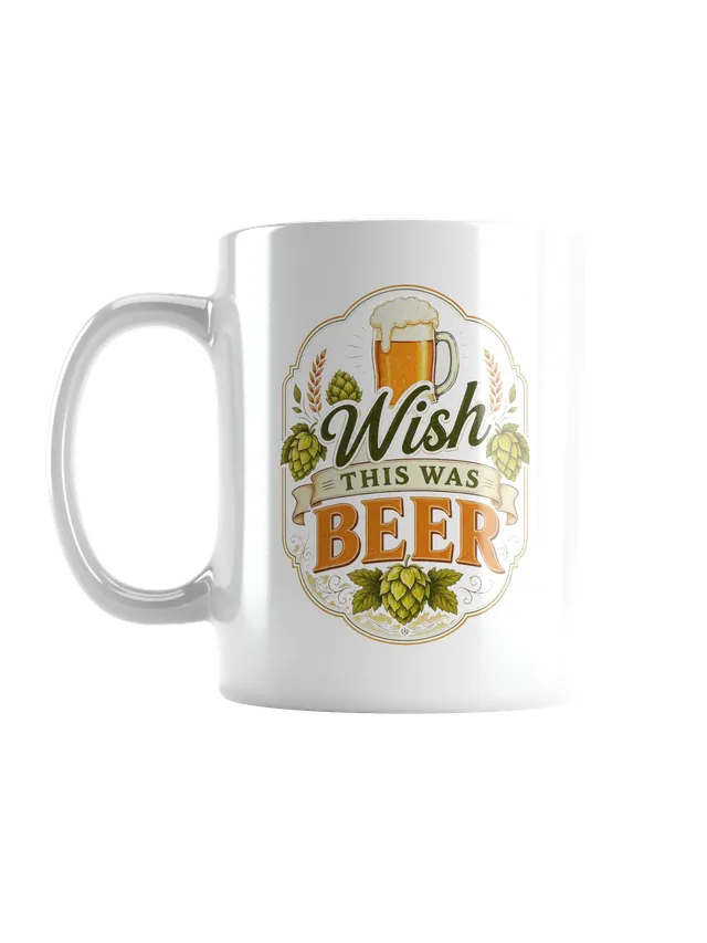 Wish This Was Beer funny mug with a foaming beer stein, hop cones and wheat on a craft label design, by LOLsies