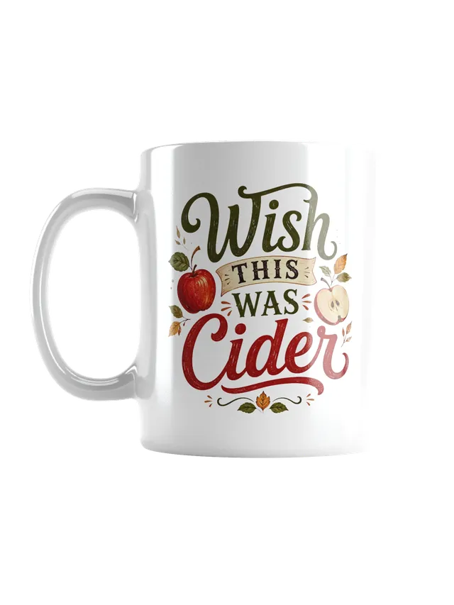 Wish This Was Cider funny mug with red apples, autumn leaves and green and red hand lettering, by LOLsies