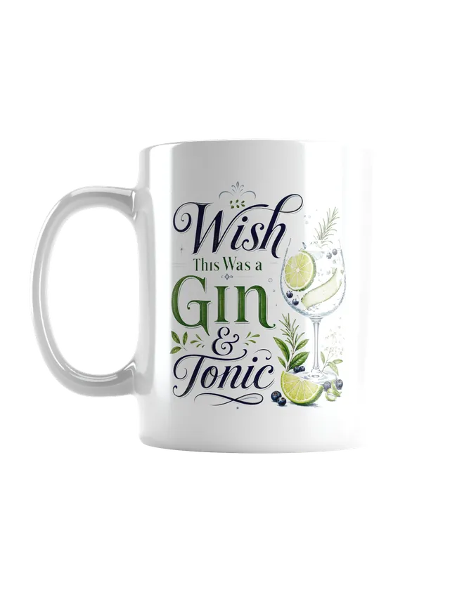 Wish This Was Gin and Tonic funny mug with a botanical gin glass, lime, cucumber and juniper design, by LOLsies