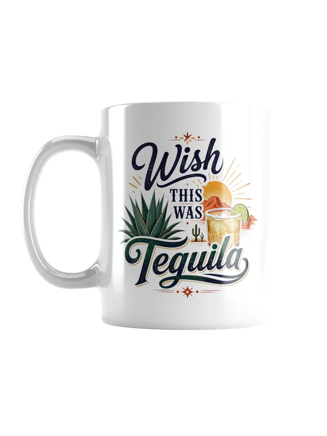 Wish This Was Tequila funny mug with blue agave, a salt-rimmed glass and red desert sunset design, by LOLsies