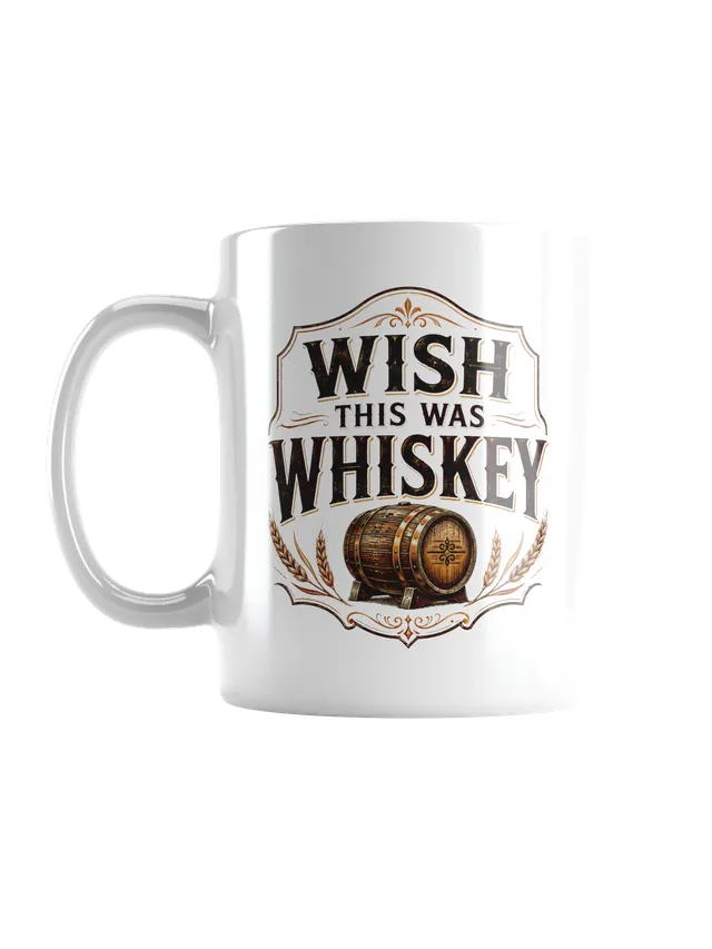 Wish This Was Whiskey funny mug with vintage saloon lettering, an oak barrel and wheat design, by LOLsies