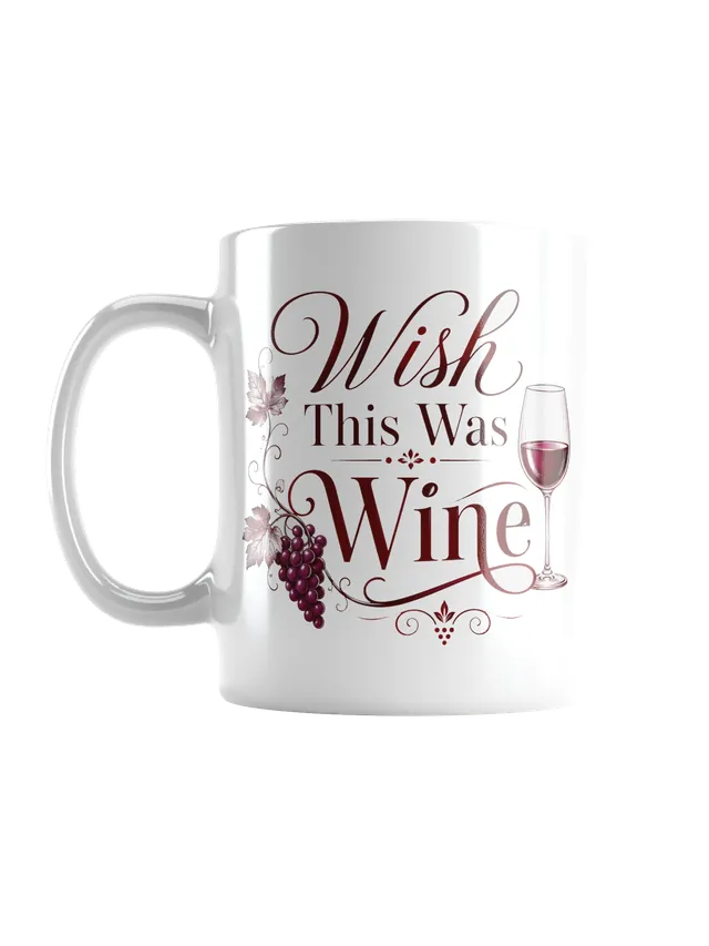 Wish This Was Wine funny mug with burgundy calligraphy, a glass of red wine and grapevine design, by LOLsies