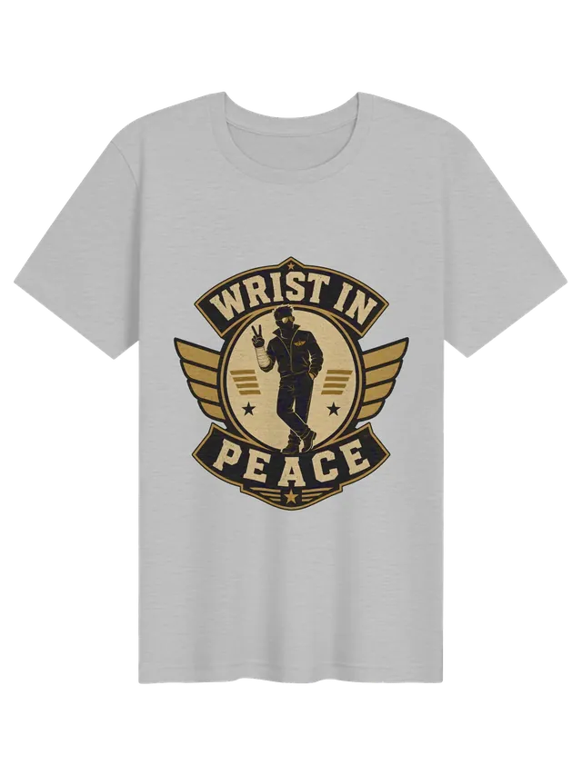 Wrist In Peace broken wrist t-shirt in black with a winged badge hero flashing a peace sign, by LOLsies