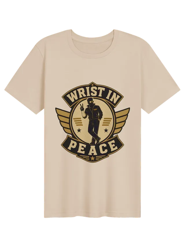 Wrist In Peace broken wrist t-shirt in black with a winged badge hero flashing a peace sign, by LOLsies